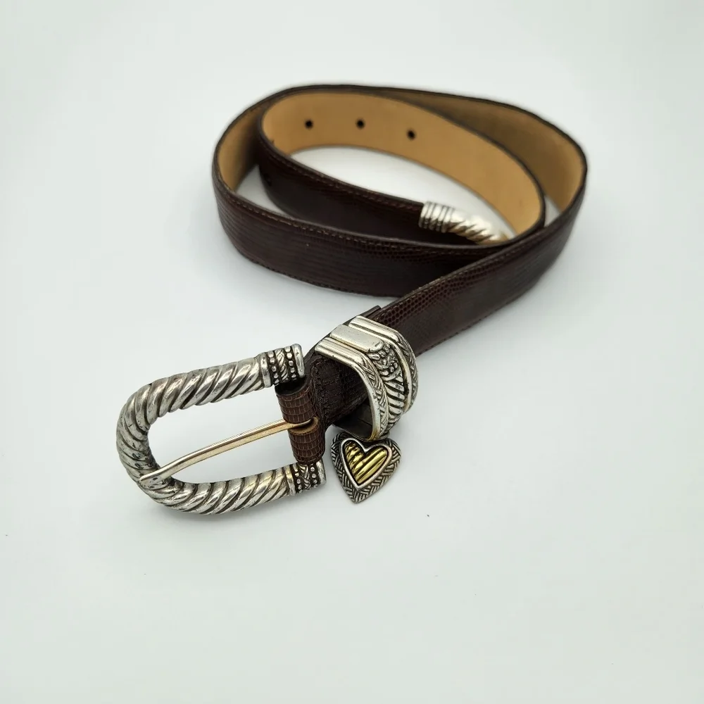 Vintage Brighton Brown Leather Belt Silver Heart Charm Buckle Western Y2K‎